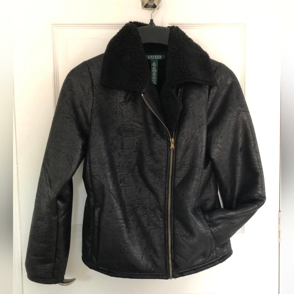 Ralph Lauren Black Leather Jacket with Shearling Collar